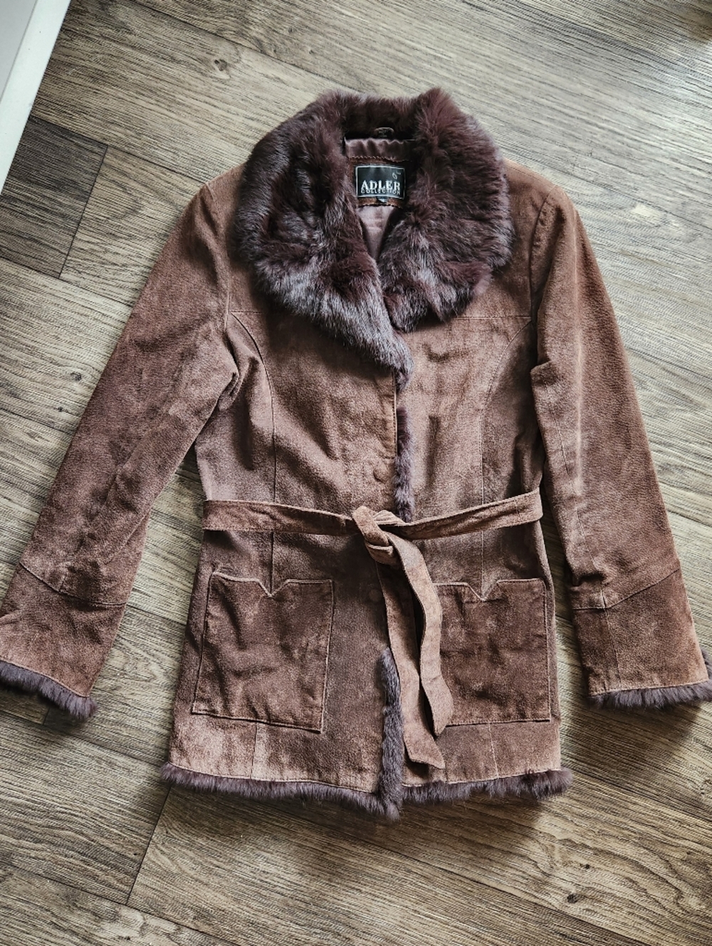 Adler Brown Penny Lane Boho Western Suede Leather Rabbit Fur Collar Jacket Coat